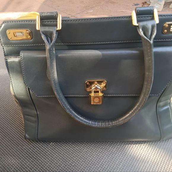 Tory Burch Dark Gray Genuine Leather Top Handle Frame Hinge Top Satchel Bag - Picture 10 of 13